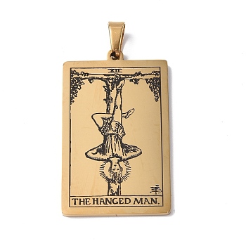 201 Stainless Steel Pendant, Golden, Rectangle with Tarot Pattern, The Hanged Man XII, 40x24x1.5mm, Hole: 4x7mm