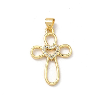 Brass Micro Pave Clear Cubic Zirconia Pendants, Cross with Heart Charms, Real 18K Gold Plated, 26x17.5x2mm, Hole: 4x3.5mm