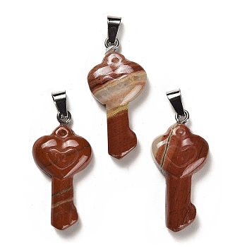 Natural Red Jasper Pendants, with Platinum Plated Iron Snap on Bails, Heart Shaped Key Charms, 38~39x18~19x7~8mm, Hole: 7.5x3mm