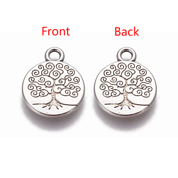 Tibetan Style Alloy Pendants, Flat Round with Tree of Life, Antique Silver, 19x15x2mm, Hole: 2mm