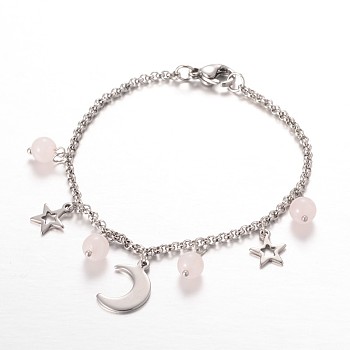 Moon & Star Stainless Steel Gemstone Charm Bracelets, with Lobster Claw Clasps, Rose Quartz, 7-1/4 inch(185mm)