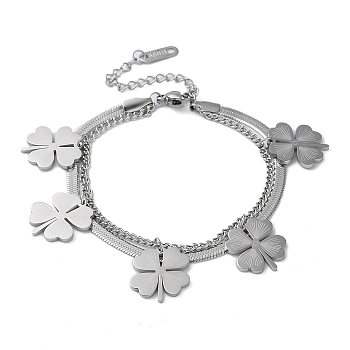304 Stainless SteelDouble-Layer Multi-strand Bracelet, Clover, Stainless Steel Color, 6-1/2 inch(16.5cm)