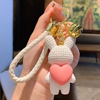 Rabbit with Heart Resin Keychain, with Alloy Findings and Bell, WhiteSmoke, 7x3.5cm