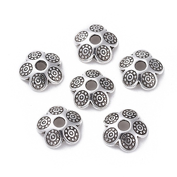Tibetan Style Bead Caps, 5-Petal, Flower, Cadmium Free & Nickel Free & Lead Free, Antique Silver, 8x2mm, Hole: 2mm, about 3840pcs/1000g