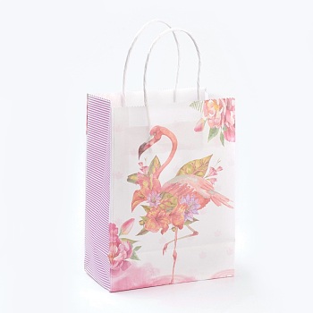 Rectangle Paper Bags, with Handles, Gift Bags, Shopping Bags, Flamingo Shape Pattern, For Valentine's Day, Pearl Pink, 27x21x11cm