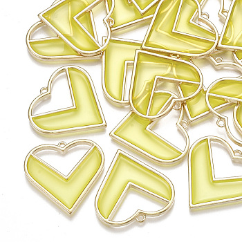 Epoxy Resin Pendants, with Alloy Open Back Bezel, Heart, Light Gold, Champagne Yellow, 28.5x29x2.5mm, Hole: 1.6mm