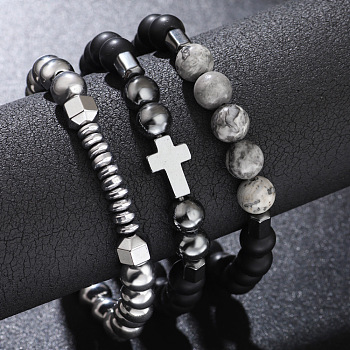 3Pcs Synthetic Non-magnetic Hematite & Natural Picture Jasper & Map Stone Beaded Stretch Bracelets Set for Men, Cross & Round, 7.48 inch(19cm)