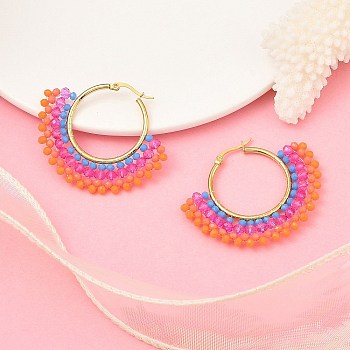 304 Stainless Steel & Bohemian Beaded Fan Hoop Earrings for Women, Golden, Misty Rose, 43.5x50x4.5mm, Pin: 0.8mm