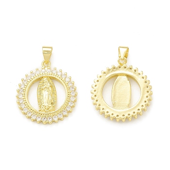 Rack Plating Brass Micro Pave Clear Cubic Zirconia Pendants, Cadmium Free & Lead Free, Long-Lasting Plated, Round Ring with Religion Virgin Mary Charm, Real 18K Gold Plated, 23.5x21x3mm, Hole: 4x3.5mm