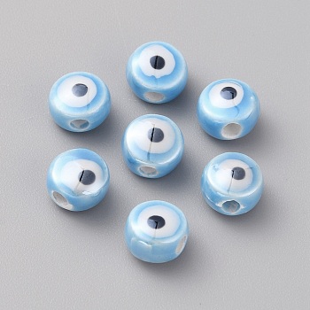 Handmade Porcelain Beads, Flat Round with Evil Eye Pattern, Sky Blue, 10mm, Hole: 2.5mm