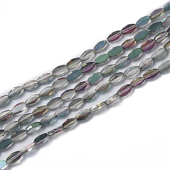 Transparent Electroplate Glass Beads Strands, Faceted, Oval, Half Rainbow Plated, Dark Sea Green, 8x4.5x2mm, Hole: 0.9mm, about 60pcs/strand, 17.72''(45cm)