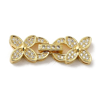 Rack Plating Brass Micro Pave Clear Cubic Zirconia Fold Over Clasps, Cadmium Free & Lead Free, Long-Lasting Plated, Flower, Golden, Flower: 14x9.5x5mm, Clasp: 8.5x2.5x5mm