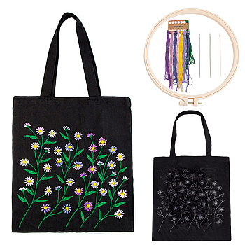 DIY Ethnic Style Embroidery Black Canvas Bags Kits, Including Plastic Imitation Bamboo Embroidery Hoop, Needle, Threads, Fabric, Flower Pattern, 640mm, Bag: 380x345x1.4mm