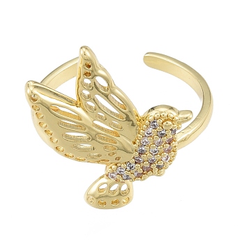Clear Cubic Zirconia Bird Open Cuff Ring, Brass Jewelry for Women, Real 18K Gold Plated, US Size 8 3/4(18.7mm)