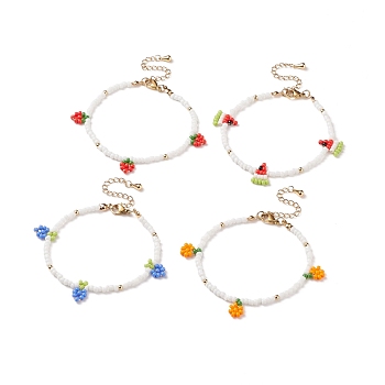 4Pcs 4 Style Glass Seed Braided Strawberry & Grape & Orange & Strawberry Charms Bracelet for Women, Mixed Color, 7-5/8 inch(19.5cm), 1Pc/style