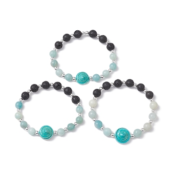 8mm Round Natural Lava Rock & Amazonite Beaded Stretch Bracelets, Summer Beach Dyed Natural Shiva Eye Shell Bracelets for Women Men, Turquoise, Inner Diameter: 2-3/8 inch(6cm)