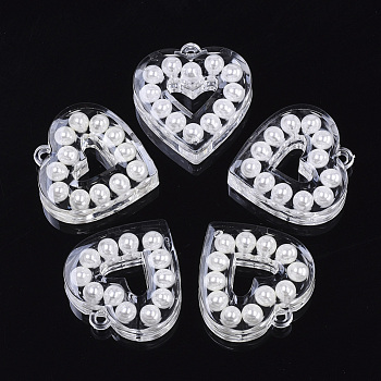 Transparent Acrylic Pendants, with ABS Plastic Imitation Pearl, Heart, White, 31x29.5x8mm, Hole: 2mm