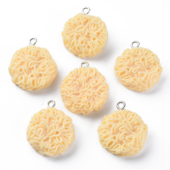 Resin Pendants, with Platinum Plated Iron Loop, Flat Round with Noodles, Light Yellow, 19~20x7.5mm