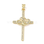 Brass Micro Pave Clear Cubic Zirconia Pendants, Cadmium Free & Lead Free, Cross with Heart, Golden, 37x22x3mm, Hole: 3mm(ZIRC-O038-10G)