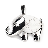 Natural Howlite Pendants, Elephant Charms with Alloy Findings, Platinum, 29x37~37.5x9.5~10mm, Hole: 3x9mm(G-G112-01P-17)