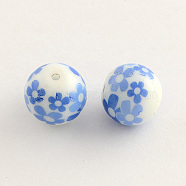 Flower Picture Glass Beads, Round, Cornflower Blue, 10x9mm, Hole: 1.5mm(X-GFB-R001-10mm-02)
