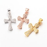 Cross Brass Micro Pave Cubic Zirconia Pendants, Lead Free & Nickel Free, Mixed Color, 22x13x2mm, Hole: 3x4mm(ZIRC-I014-34-FF)