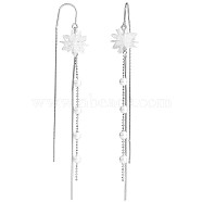 Crystal Rhinestone Flower with Shell Pearl Beaded Tassel Dangle Earrings, Rhodium Plated 925 Sterling Silver Long Drop Ear Thread for Women, Platinum, 95.5x13.5mm, Pin: 0.8mm(JE1040A)