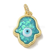 Rack Plating Brass Pendants, with Resin Imitation Opal & Glitter, Long-Lasting Plated, Lead Free & Cadmium Free,Hamsa Hand with Evil Eye, Cyan, 19.5x14.5x5mm, Hole: 3mm(KK-Q009-05G-02)