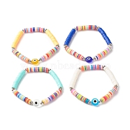 Handmade Polymer Clay Heishi Beads Stretch Bracelet, Flat Round with Evil Eye Lampwork Beads Lucky Bracelet for Women, Mixed Color, Inner Diameter: 2-1/4 inch(5.7cm)(BJEW-JB07372)