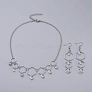 304 Stainless Steel Jewelry Sets, Dangle Earrings and Necklaces, with Cubic Zirconia Charms, Hexagon, Stainless Steel Color, 16.1 inch(41cm), 85mm(SJEW-JS01077-04)