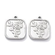 Anti-Tarnish 304 Stainless Steel Pendants, Square with Flower Charm, Stainless Steel Color, 17.5x15x2.5mm, Hole: 1.6mm(STAS-R130-70P)