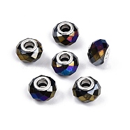 Glass European Beads, Large Hole Beads, with Brass Cores, AB Color Plated, Faceted, Rondelle, Black, 13.5~14x9~9.5mm, Hole: 5mm(GPDL-N004-A14mm-A01)