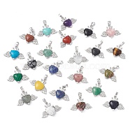 Natural & Synthetic Mixed Gemstone Pendants, Heart Charms with Wings & Crown, with Platinum Tone Brass Crystal Rhinestone Findings, 26x35.5x8mm, Hole: 8x5mm(G-P492-02P)