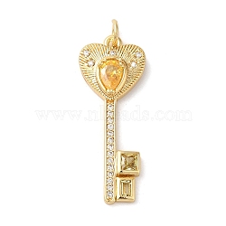 Rack Plating Brass Micro Pave Cubic Zirconia Pendants, with Glass Crystal, Long-Lasting Plated, Lead Free & Cadmium Free, with Jump Ring, Key, Gold, 32x12x4.5mm, Hole: 3mm(KK-U022-16C-02)