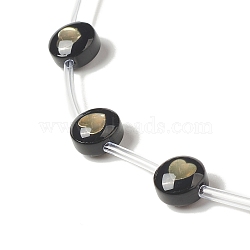 Handmade Lampwork Beads Strands, with Golden Tone Brass Findings & Enamel, Flat Round, Black, Heart Pattern, 8x5.5mm, Hole: 1mm, about 20pcs/strand, 14.76 inch(37.5cm)(LAMP-F028-01D)