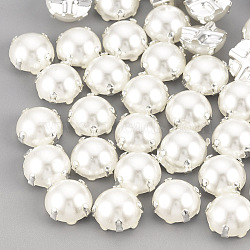 ABS Plastic Imitation Pearl Shank Buttons, with Brass Findings, Half Round, Creamy White, Silver Color Plated, 6x6x4mm, Hole: 1mm(BUTT-T002-6mm-01S)