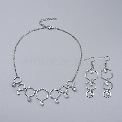 304 Stainless Steel Jewelry Sets, Dangle Earrings and Necklaces, with Cubic Zirconia Charms, Hexagon, Stainless Steel Color, 16.1 inch(41cm), 85mm(SJEW-JS01077-04)