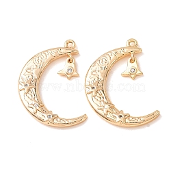 Brass with Crystal Rhinestone Pendants, Moon with Star Charms, Real 18K Gold Plated, 27x18.5~19x3mm, Hole: 1.2mm(RB-CBA35BD-01G)
