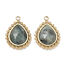 Natural African Turquoise(Jasper) Faceted Pendants, 304 Stainless Steel Teardrop Bezeled Charms, Ion Plating(IP), Real 14K Gold Plated, 17.5x13x4mm, Hole: 1.5mm(GG-CBA50CD-03G)
