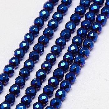 Electroplate Non-magnetic Synthetic Hematite Beads Strands, Faceted, Round, Grade A, Blue Plated, 4mm, Hole: 1mm, about 100pcs/strand, 16 inch