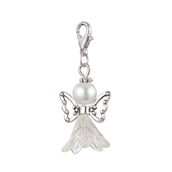 Angel Acrylic & Glass Pendant Decorations, with Alloy Lobster Claw Clasps, Antique Silver & Platinum, 43mm, 10pcs/set