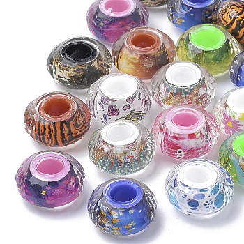 Resin Beads, Large Hole Beads, Faceted, Rondelle with Pattern, Mixed Color, 13.5~14x7.5~8mm, Hole: 5.5mm