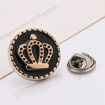 Plastic Brooch, Alloy Pin, with Enamel, for Garment Accessories, Round with Crown, Black, 25mm