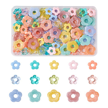 120Pcs 15 Style Transparent & Opaque Acrylic Bead Frames, Flower, Mixed Color, 19~26x20~27x3.5~5mm, Hole: 1.6mm, Inner Diameter: 6.5mm, 8pcs/style