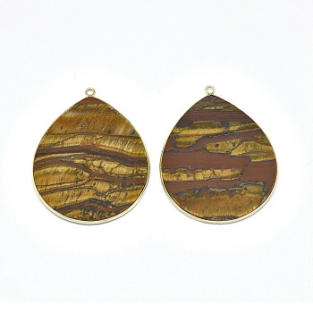 Natural Tiger Eye Pendants, with Brass Findings, teardrop, Golden, 41~41.5x32x2mm, Hole: 1.5mm