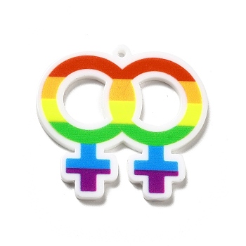 Pride Style Printed Acrylic Rainbow Pendants, Sign Pattern, 36x38.5x2.5mm, Hole: 1.6mm