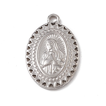 304 Stainless Steel Pendants, Oval with Virgin Mary Charm, Stainless Steel Color, 20.5x13x2mm, Hole: 2mm