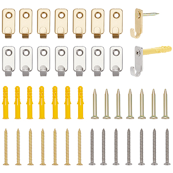 20 Sets 2 Colors 304 Stainless Steel Hook Hangers, Photo Frame Hanger, with Screws & Plastic Anchor Plug, Golden & Stainless Steel Color, 27~40x7~13x2~7.5mm, Hole: 4mm, 4pcs/set, 10 set/color