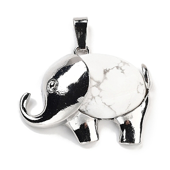 Natural Howlite Pendants, Elephant Charms with Alloy Findings, Platinum, 29x37~37.5x9.5~10mm, Hole: 3x9mm