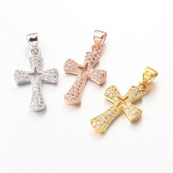 Cross Brass Micro Pave Cubic Zirconia Pendants, Lead Free & Nickel Free, Mixed Color, 22x13x2mm, Hole: 3x4mm